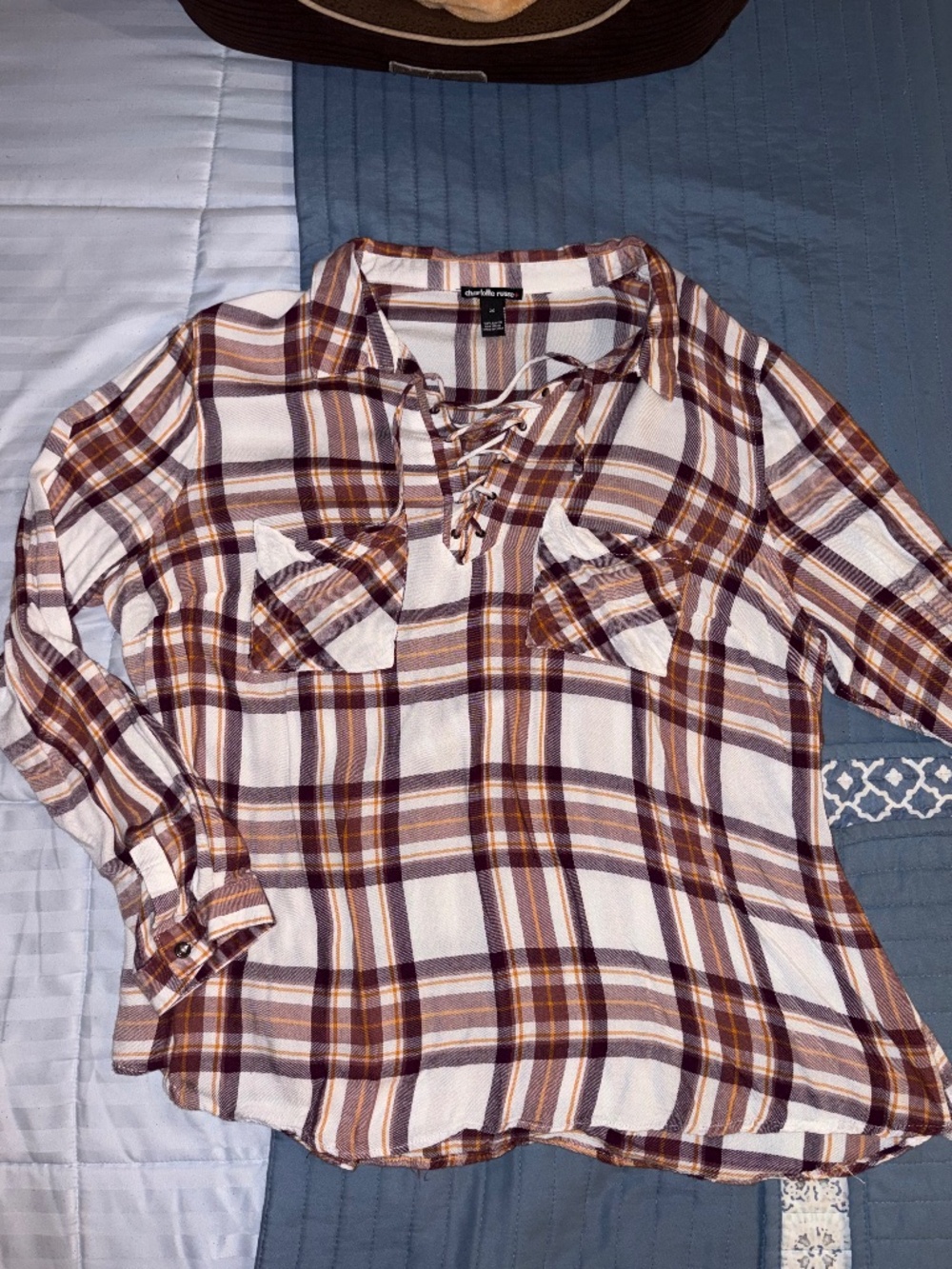 Plaid lace up long sleeve blouse